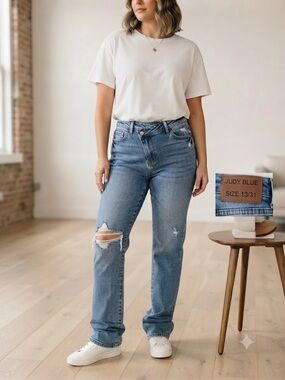 Judy Blue Medium Wash Straight Leg Jeans with asymmetrical waist distressed knee